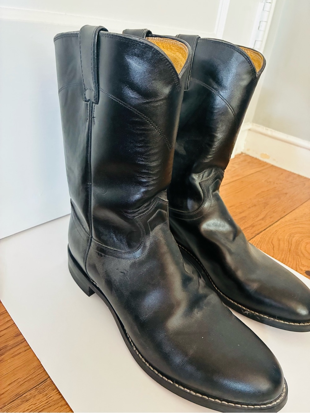 Justin Boots Black Leather Western Mid-Calf Pull-On Boots